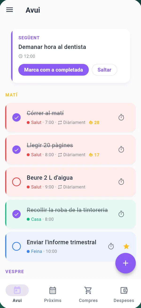 Pantalla Avui de Todito amb les tasques i hàbits del dia