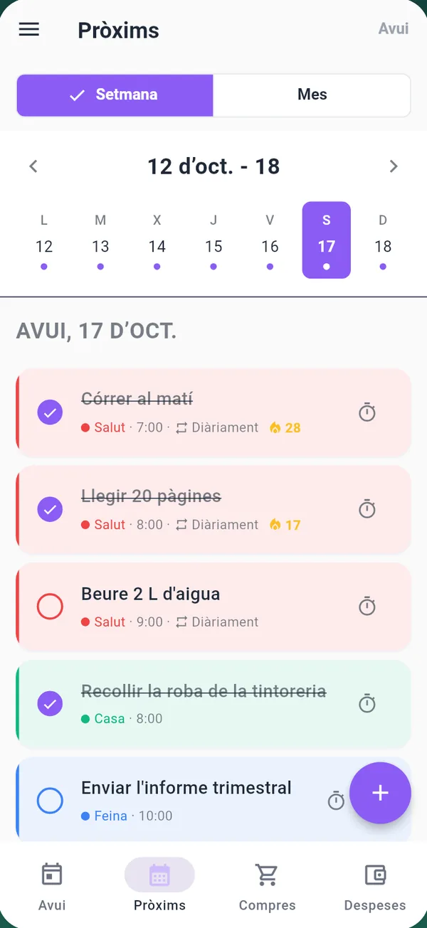 Vista setmanal amb tasques a cada dia